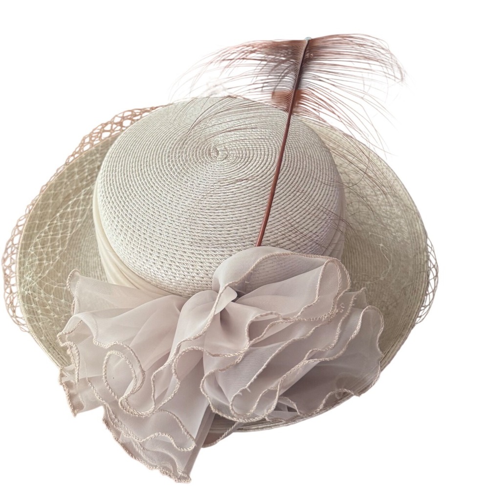 Joan Sylvia St Louis Vintage Cream  Dress Hat Organza Feather Derby‎ Jody  G EUC